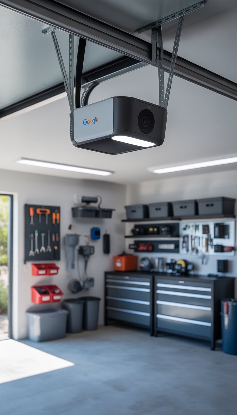 A clean and organized garage with a Google Nest Cam mounted on the ceiling, featuring shelves, tool racks, and smart storage solutions.