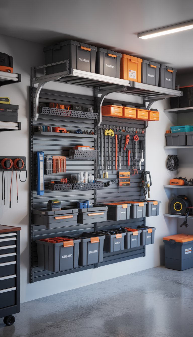 A neatly organized garage wall with a Gladiator GearTrack storage system holding tools and storage bins.