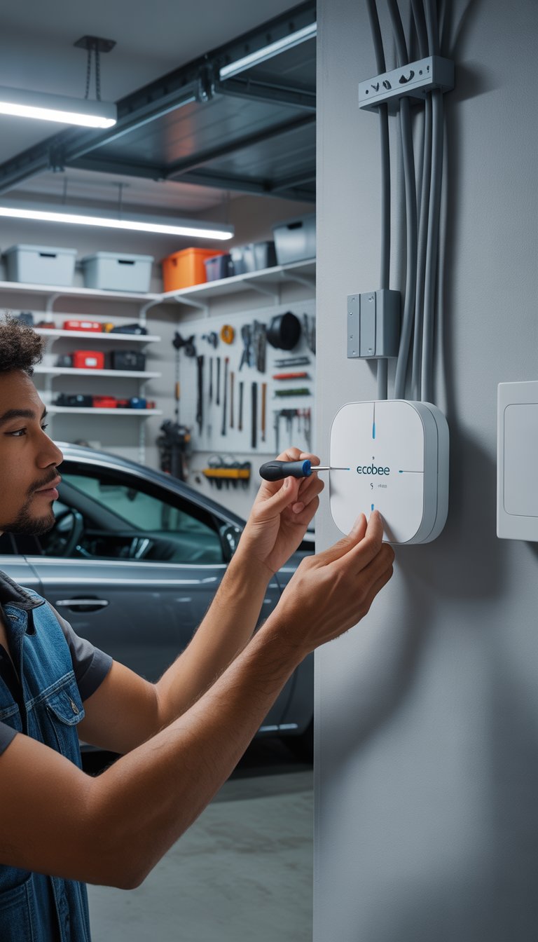 A person installing a smart sensor in a clean, organized garage with tools and storage shelves.
