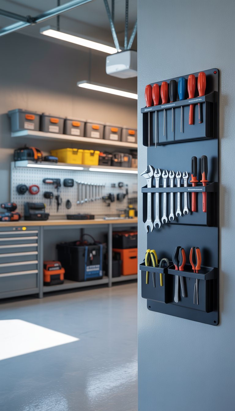 A clean and organized garage workspace with magnetic tool holders neatly holding various tools on the wall and shelves with storage bins and power tools in the background.