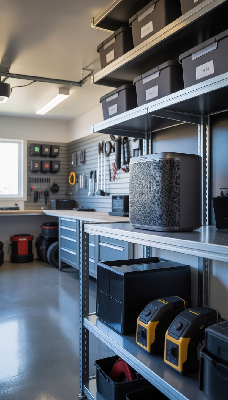 A modern garage with organized shelves, tools, and a Sonos One speaker placed on a metal shelf.