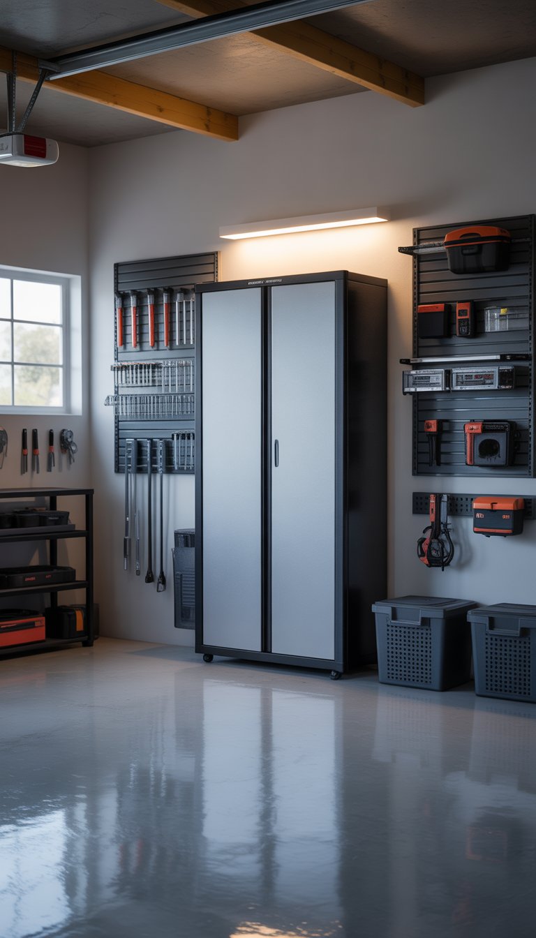 A modern garage interior with a mounted double-wall resin storage cabinet and organized tools and gadgets around it.