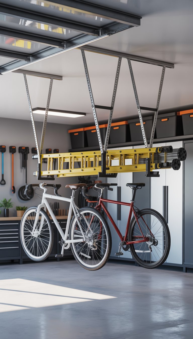 A clean garage with heavy-duty ceiling hooks hanging bicycles and a ladder, showing organized storage and neat arrangement.