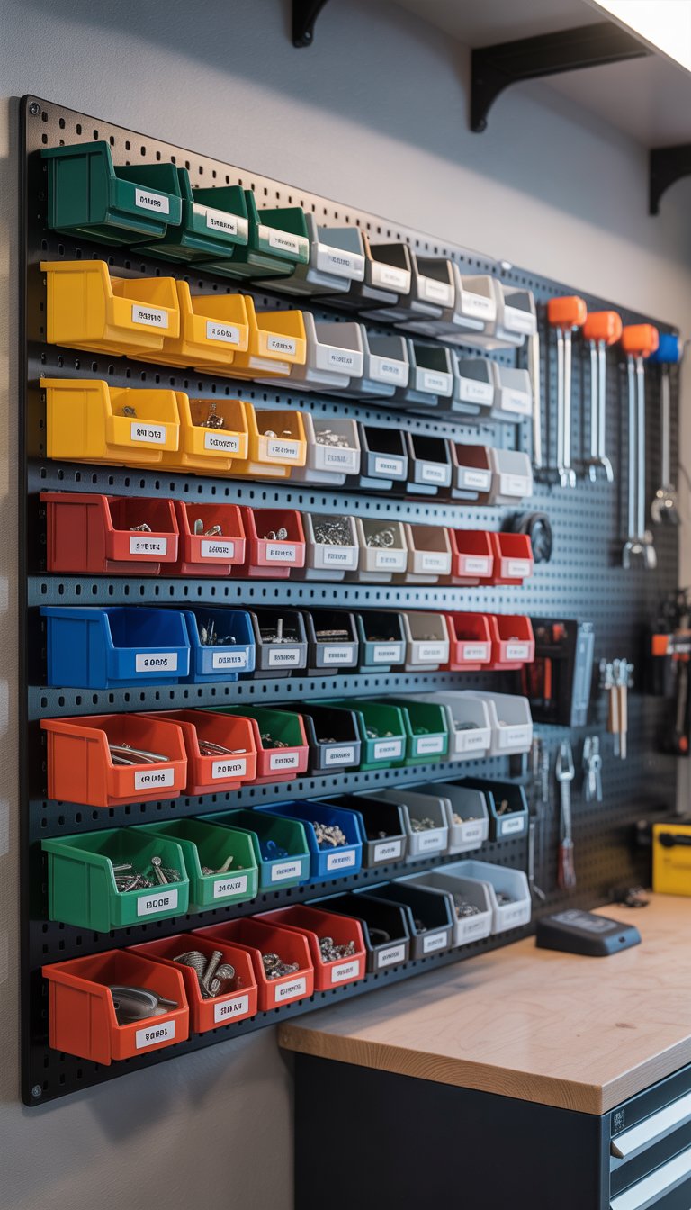 A clean and organized garage wall with pegboards holding custom-labeled bins filled with small parts and tools.