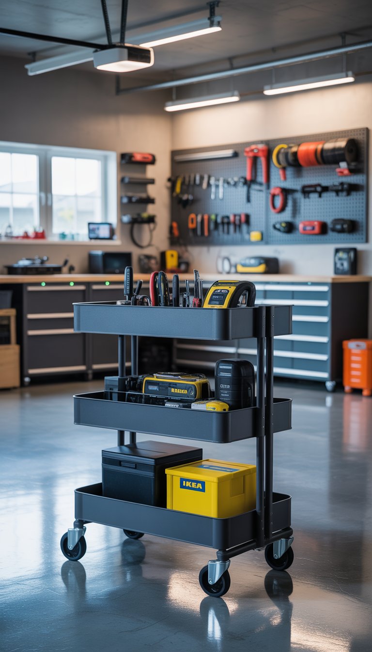 A modern garage with an Ikea Raskog rolling cart holding organized tools and tech gadgets, surrounded by additional storage and equipment.