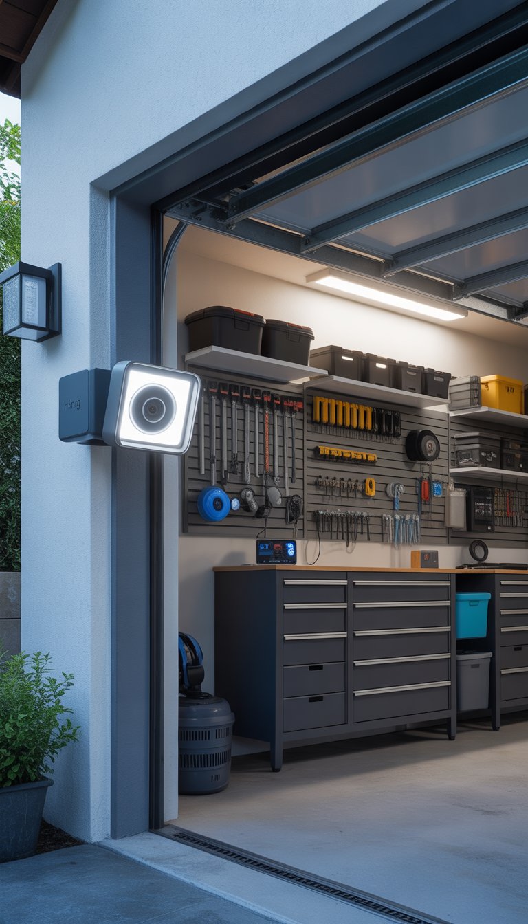 A clean and organized garage with a Ring Floodlight Cam mounted near the door, bright lighting, and high-tech storage solutions.