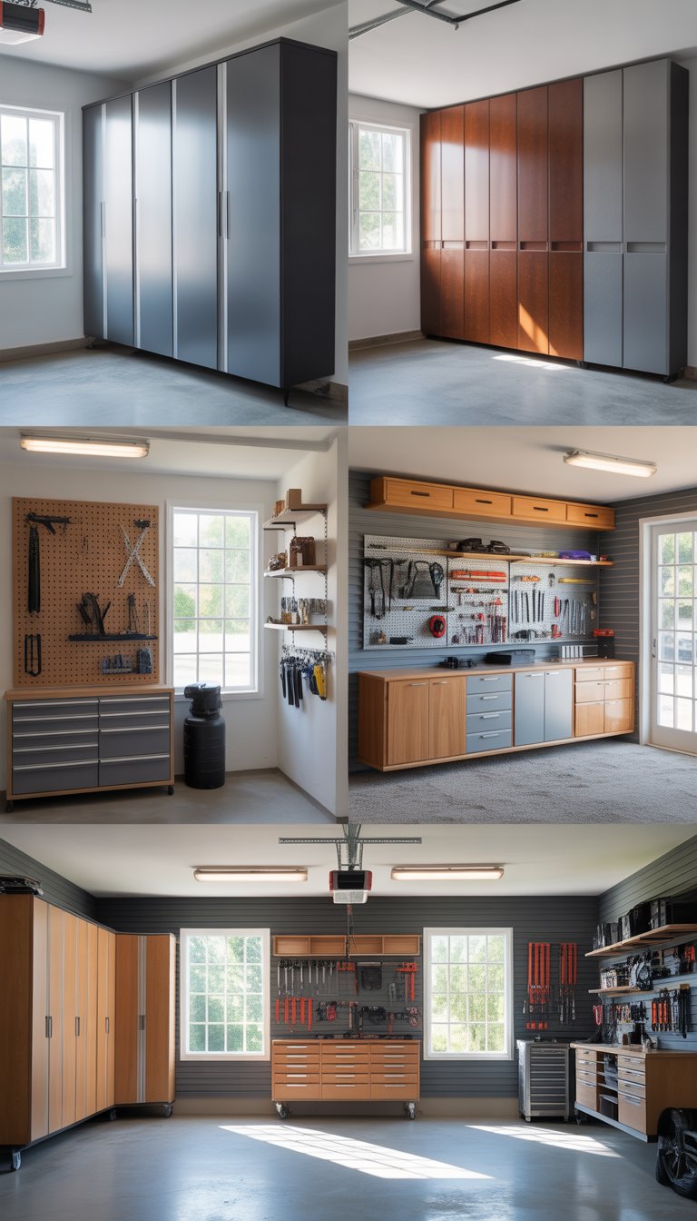 A spacious garage interior showing different wall designs including painted panels, wood finishes, metal accents, storage cabinets, and organized tool pegboards.