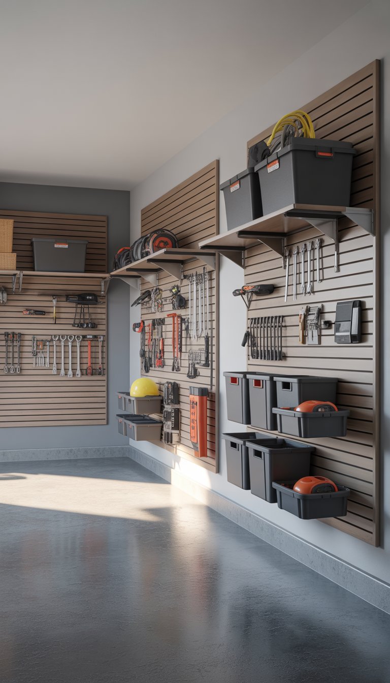 A clean and organized garage interior with slatwall panels holding tools, sports equipment, and storage bins.