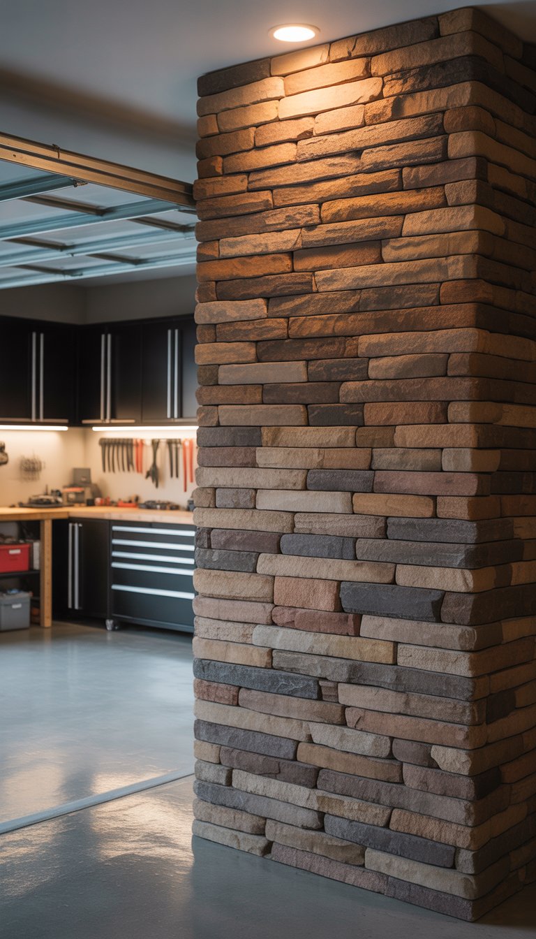 A clean and organized garage interior with a stacked stone accent wall, storage cabinets, and a workbench.