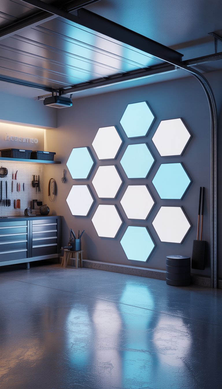 A modern garage wall with 15 LED hexagon light panels arranged in a geometric pattern, surrounded by organized shelves and tools.