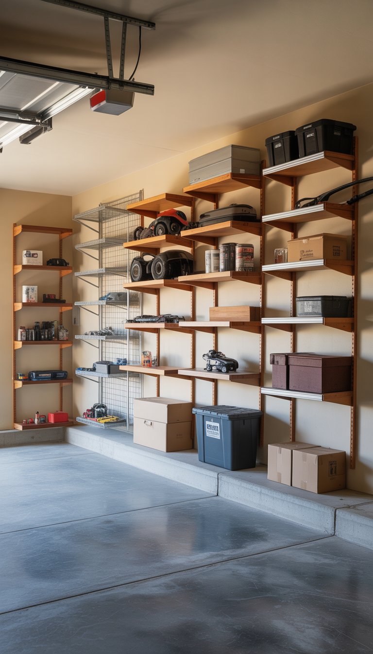 A spacious garage with 15 different custom shelving units installed on the walls, neatly holding various tools and storage items.