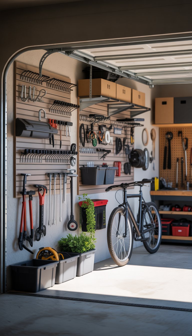 A clean and organized garage interior with various wall hooks and track systems holding tools, bicycles, and storage bins.