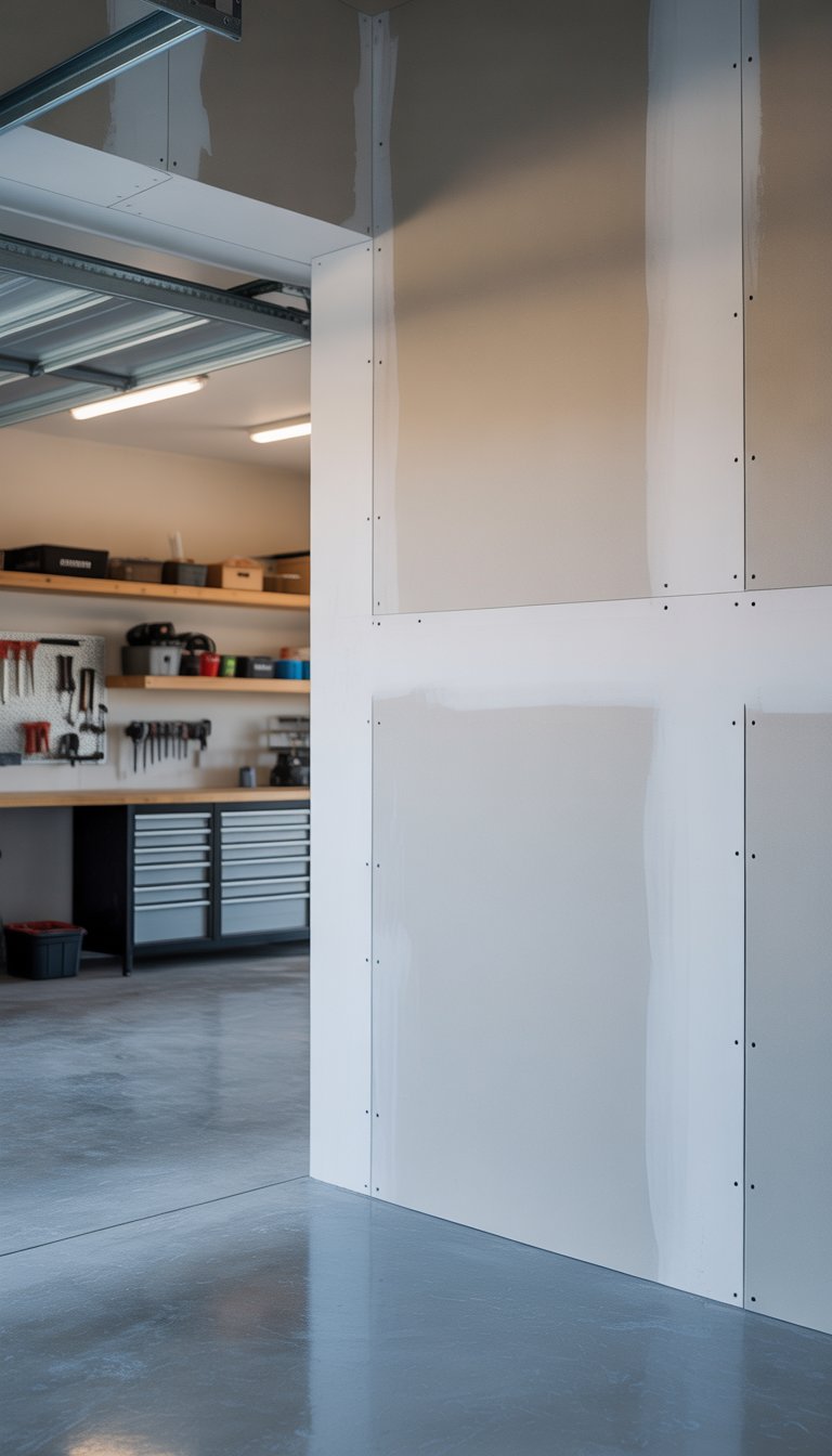 A freshly painted white drywall in a modern garage with organized shelves and a workbench.