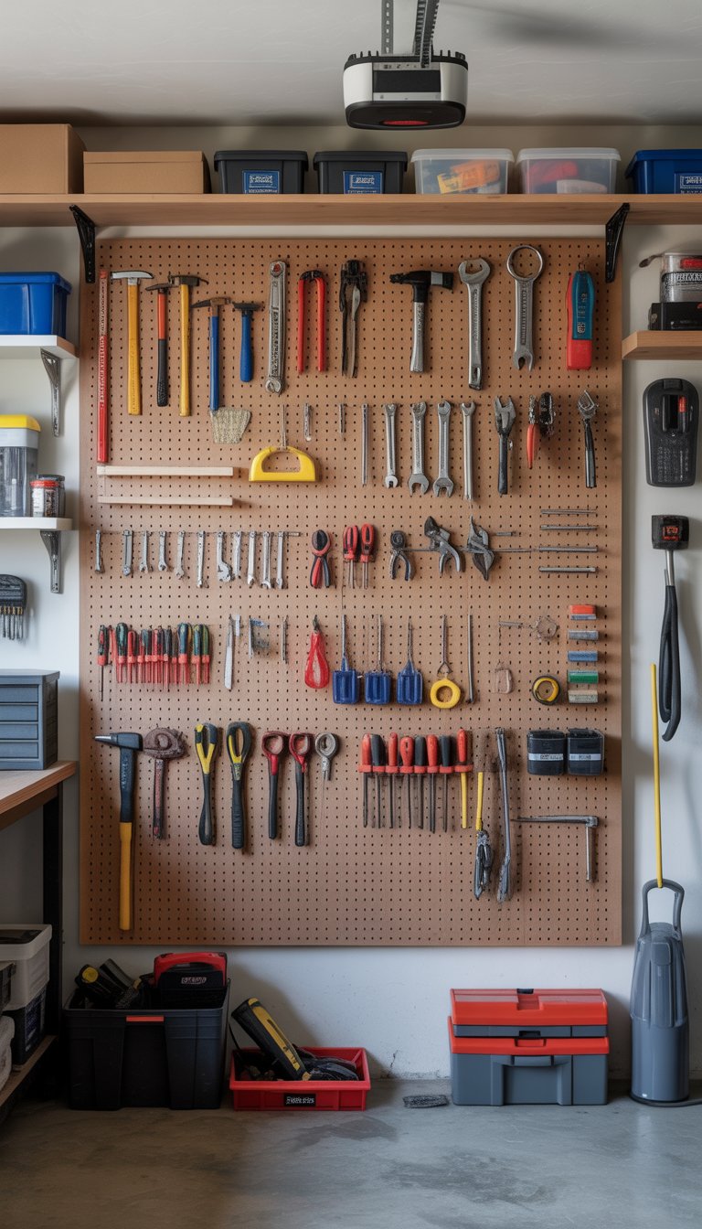 Garage wall with a pegboard organizer holding various tools neatly arranged, with shelves and storage bins nearby.
