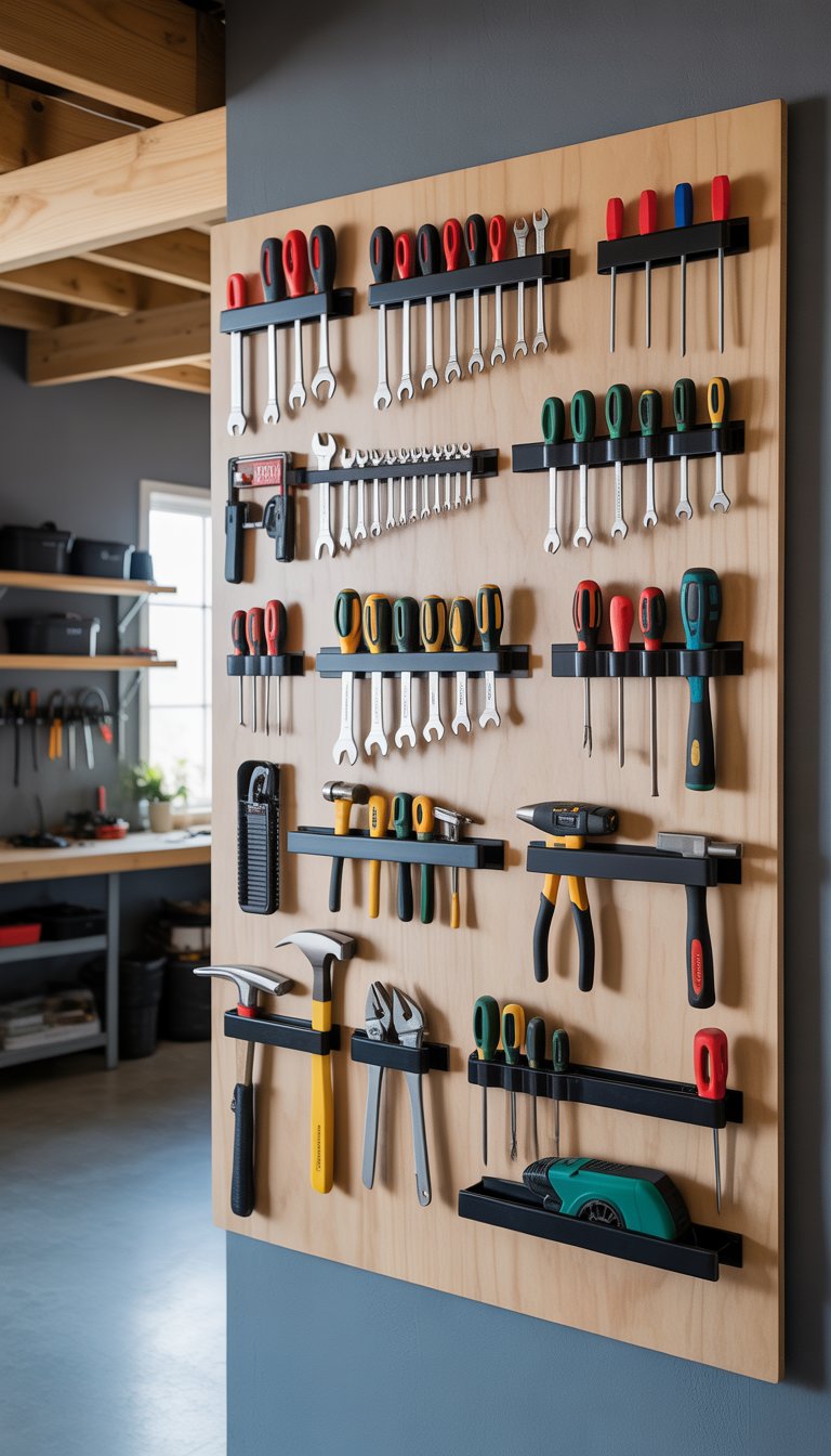 A garage wall with 15 different magnetic tool holders neatly organizing various hand tools like screwdrivers, wrenches, and hammers.