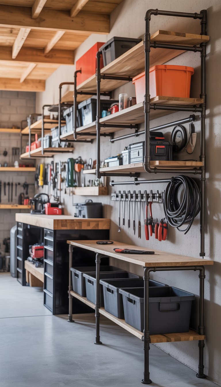 A garage wall with industrial pipe shelving holding tools and storage bins in an organized workspace.