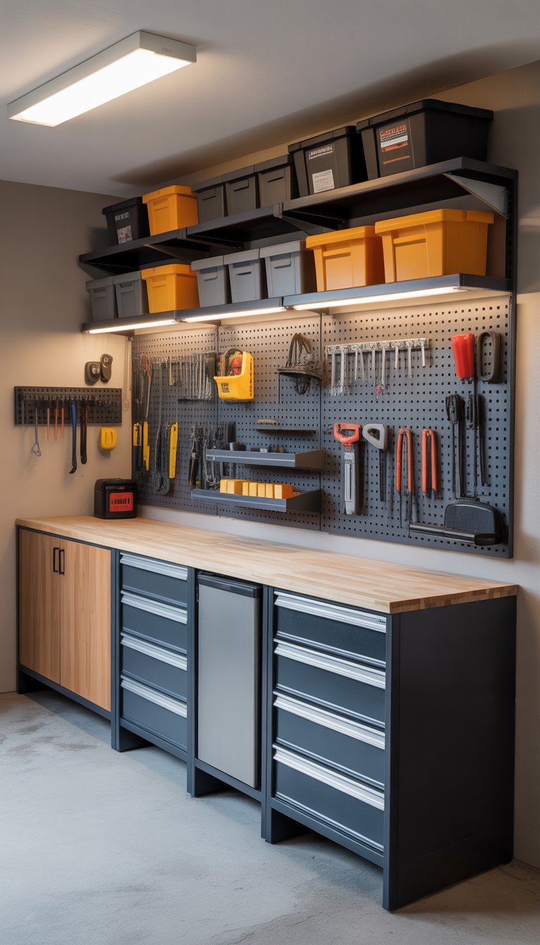 A garage interior with a built-in workbench and wall storage filled with tools and organized shelves.