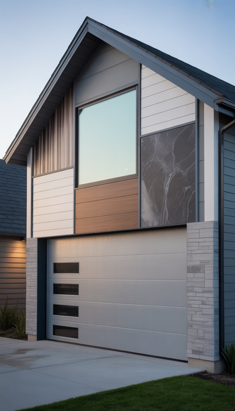 A modern garage exterior with a large window above various wall accents including stone and wood finishes.