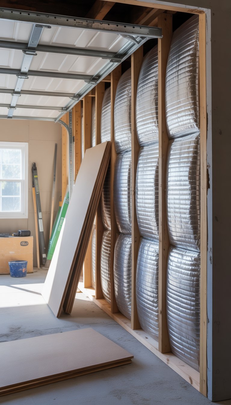 Garage wall with insulation exposed behind partially removed drywall during renovation.