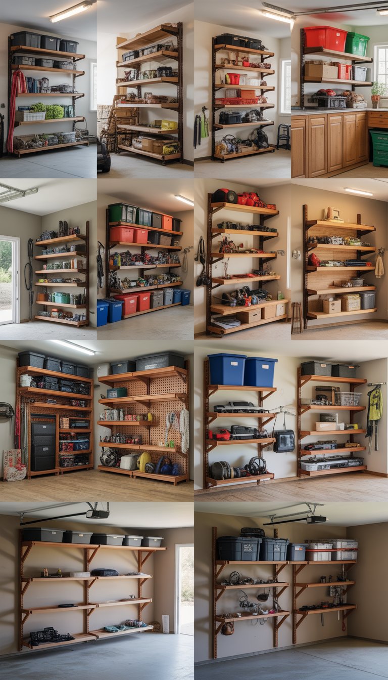 A spacious garage interior with 15 different overhead storage racks holding bins, tools, and sports equipment mounted on the walls near the ceiling.