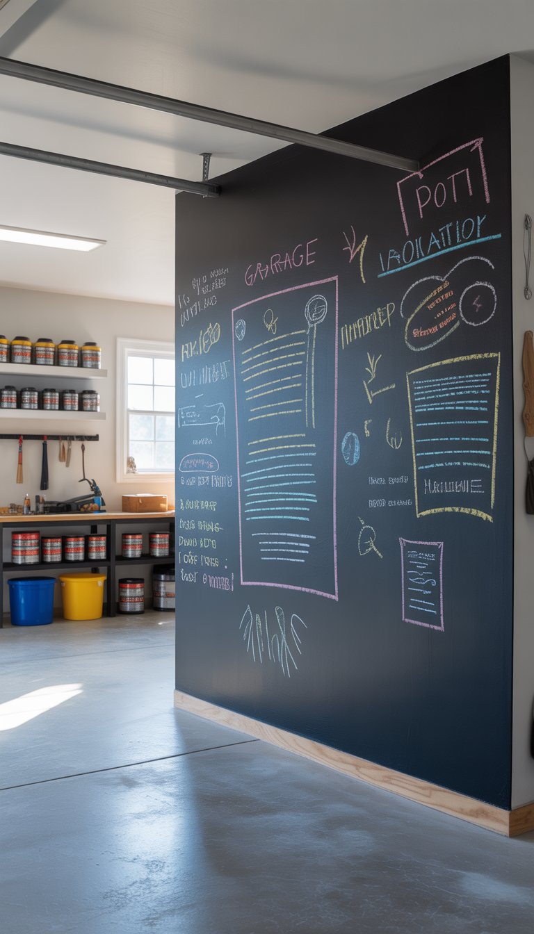 A clean, organized garage with a large black chalkboard wall displaying colorful chalk drawings and notes, surrounded by shelves with tools and storage bins.