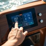 Sleek digital display integrated into an older boat's classic wooden helm.