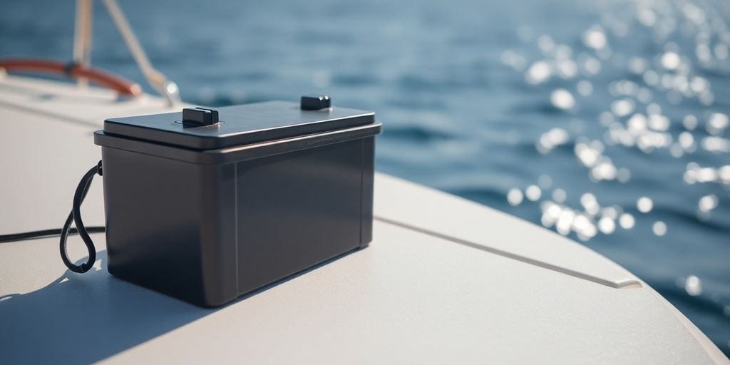 Lithium trolling motor battery next to a boat.