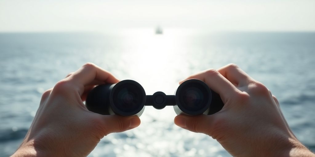 Boater with stabilized binoculars on a rocking boat.