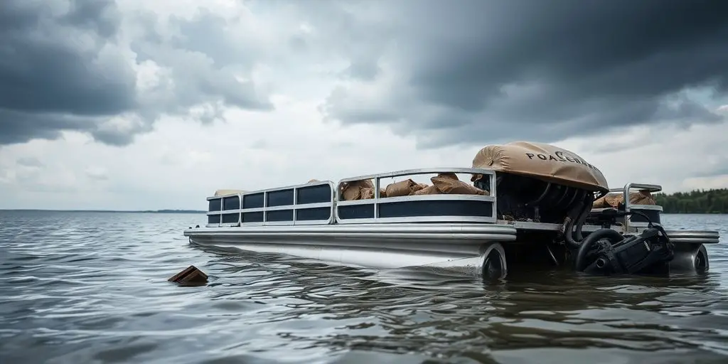 Broken pontoon boat adrift, engine issues, cloudy sky.