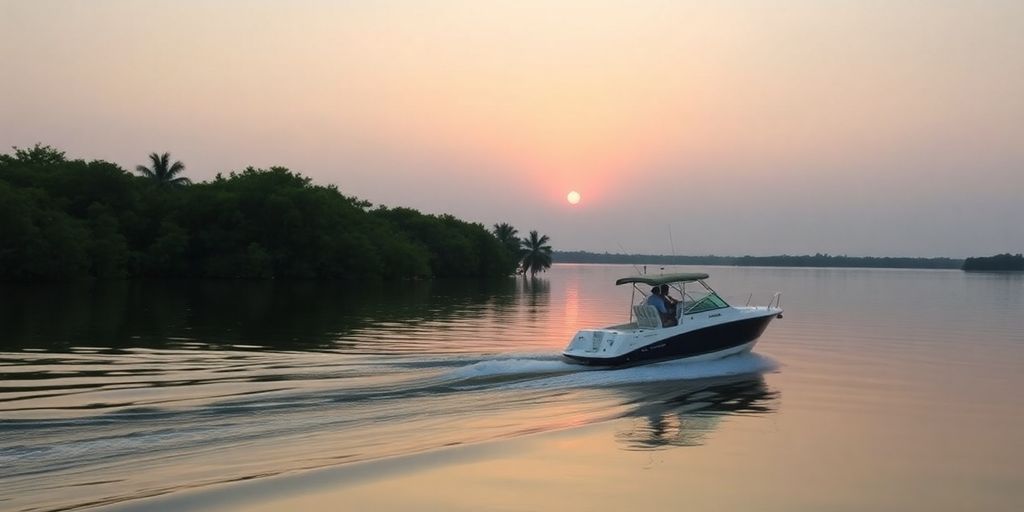 Boat on calm Florida water at sunset.