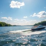 Boat on Minnesota lake, summer day.