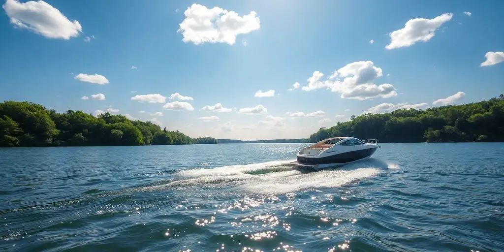 Boat on Minnesota lake, summer day.