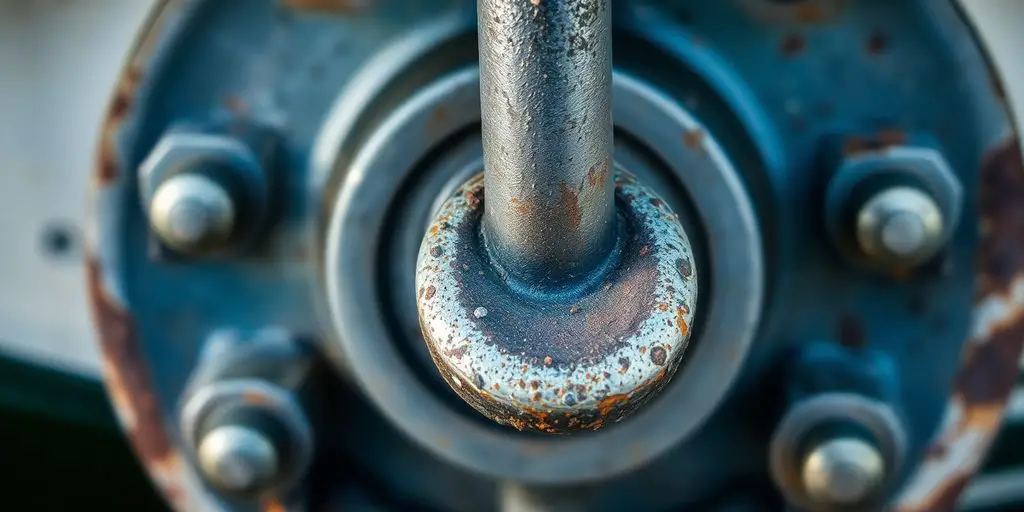 Close-up stern drive, corroded steering pin.