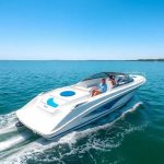 Sleek new boat on calm water.