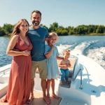 Family on new boat, smiling