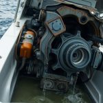 Broken sterndrive engine, boat