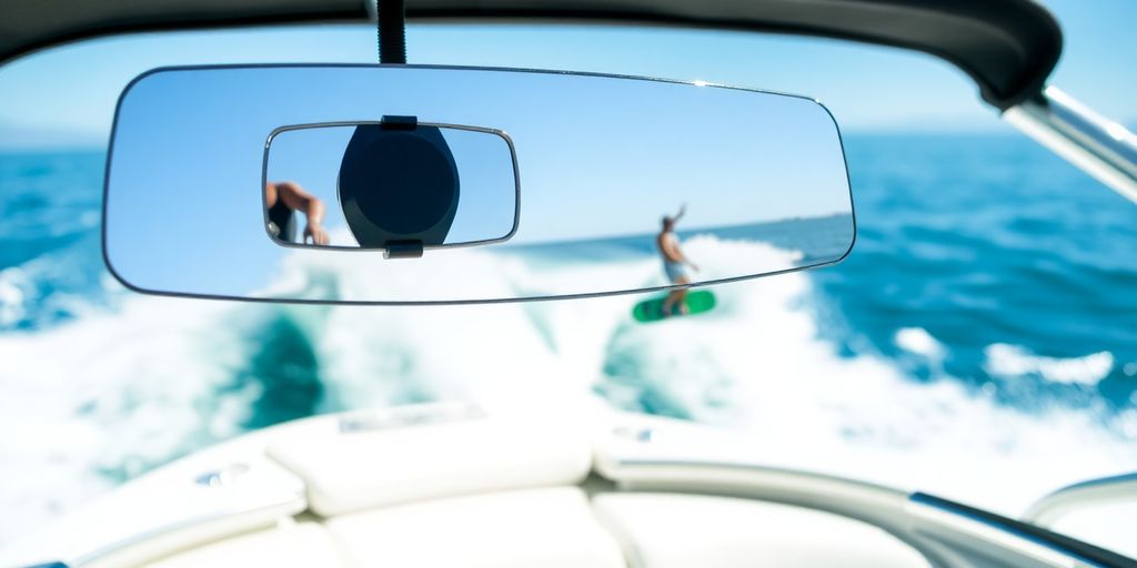 Mirror on center-console boat.