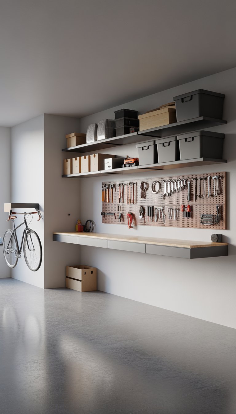 A clean and organized garage with wall-mounted shelves, neatly arranged tools, a bicycle hung on the wall, and a tidy workbench.