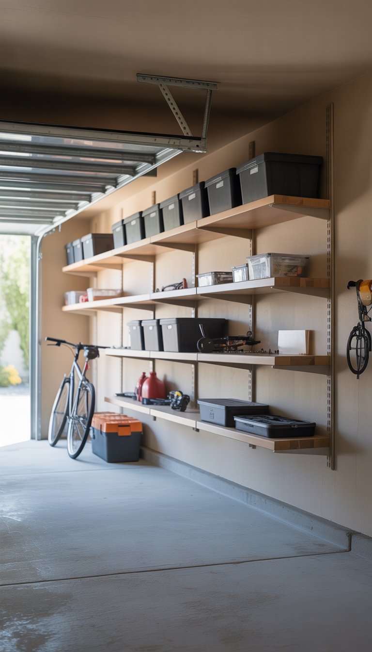 A clean and organized garage with wall-mounted floating shelves holding neatly arranged storage bins and tools.
