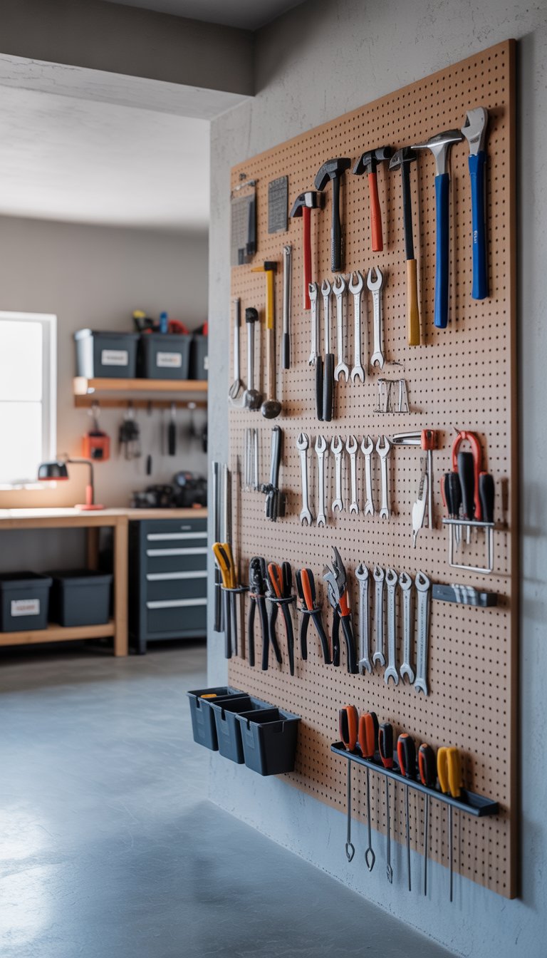 A clean garage with a pegboard wall neatly organizing various hand tools and shelves with storage bins.