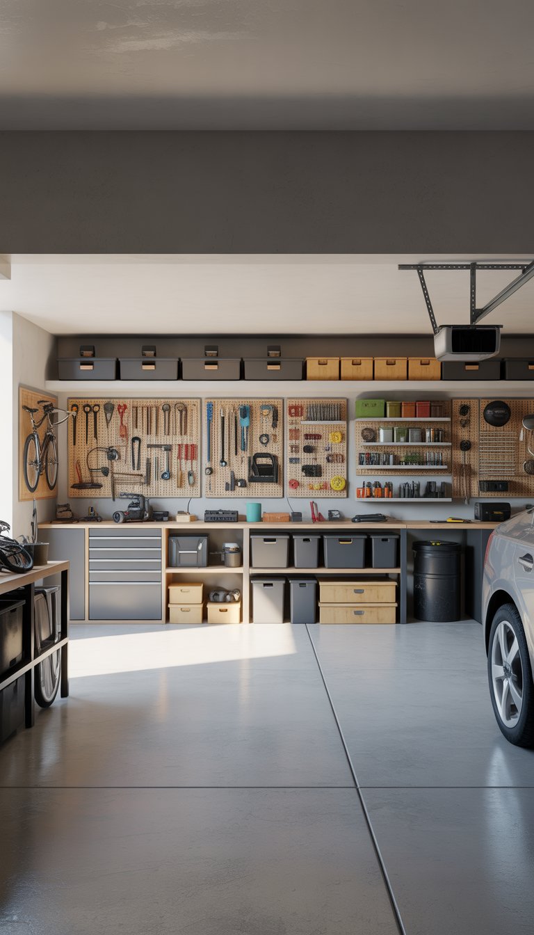 A clean and organized garage with separate zones for tools, sports gear, gardening supplies, and car maintenance equipment.