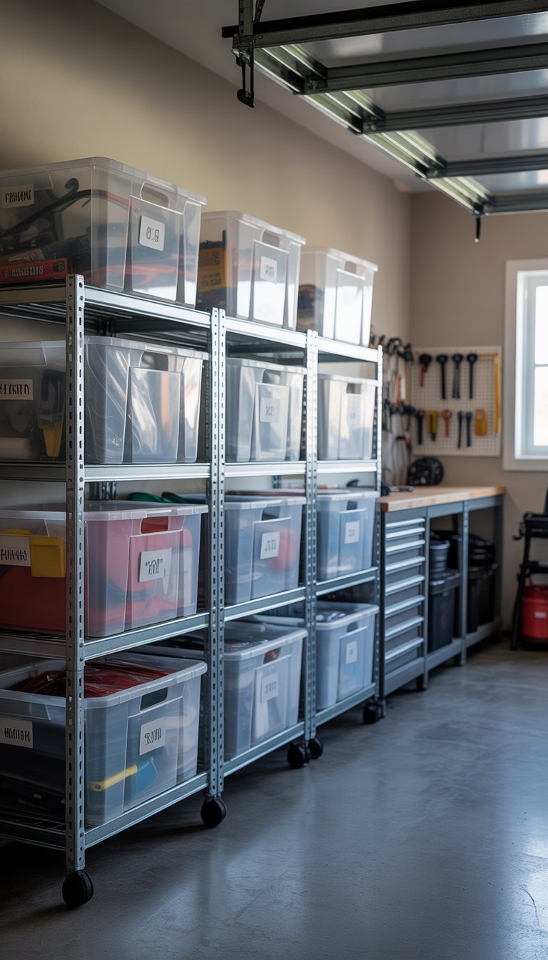 A clean and organized garage with clear plastic storage bins neatly arranged on metal shelves and tools hanging on a pegboard.