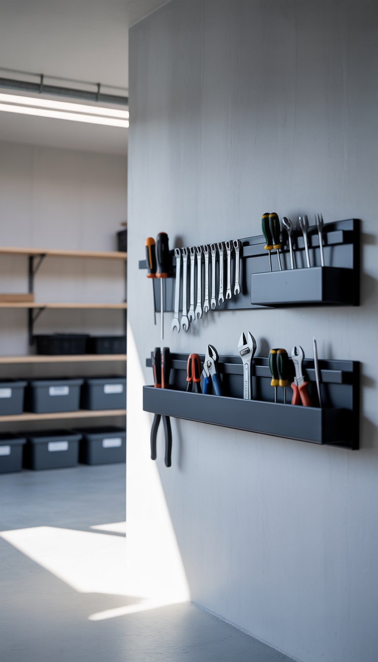A clean garage wall with magnetic strips holding small metal tools neatly organized in a clutter-free space.