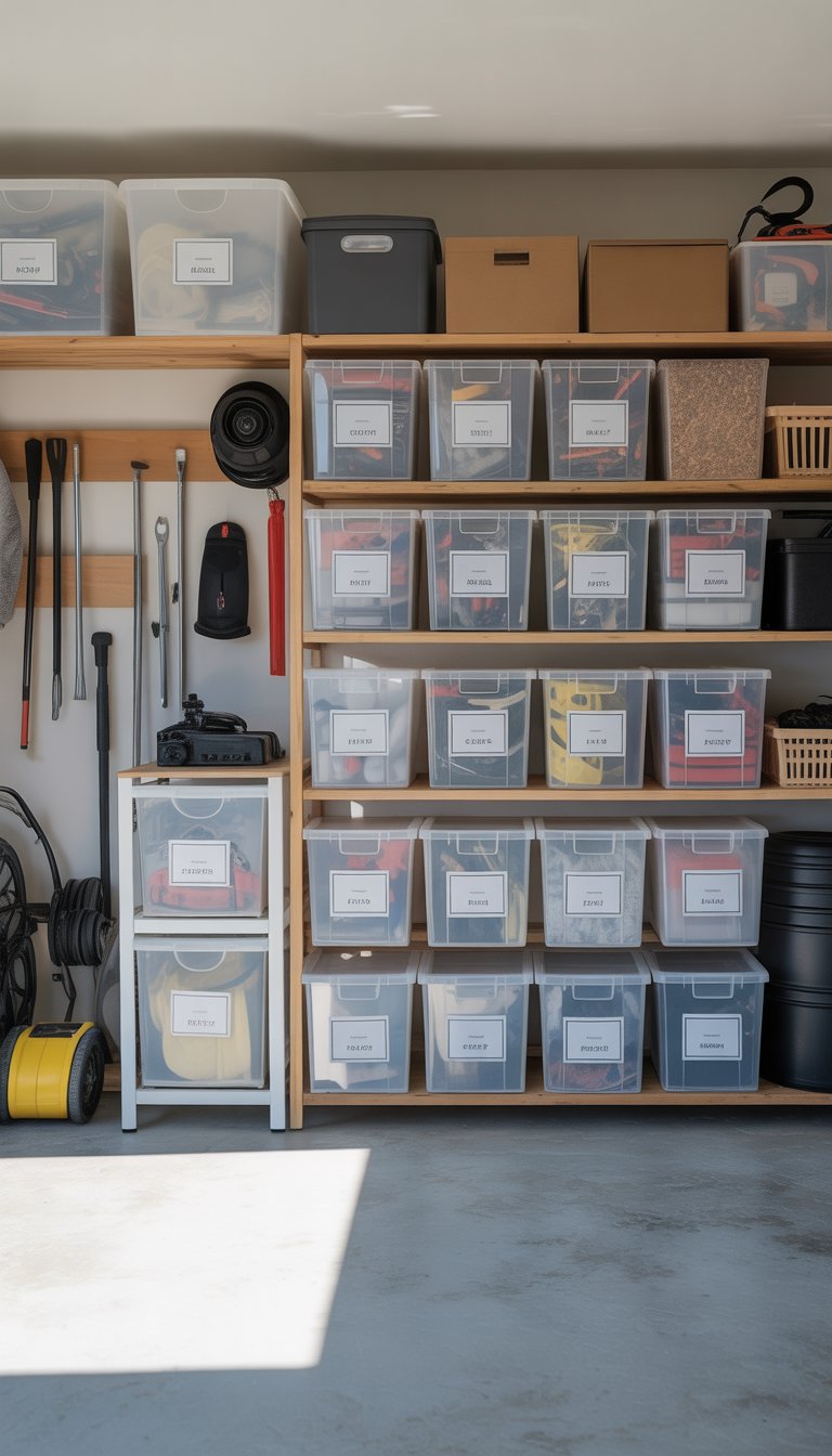 A clean and organized garage with neatly arranged labeled storage containers on shelves, creating a clutter-free space.