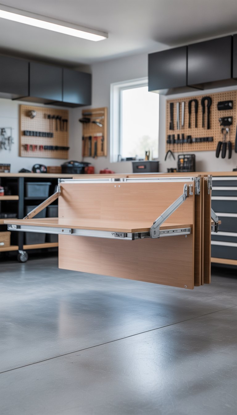 A clean and organized garage with a fold-down workbench mounted on the wall, surrounded by shelves and storage bins.