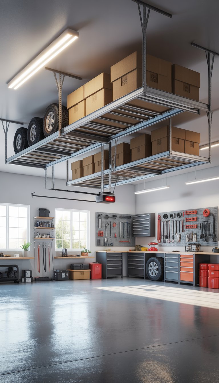 A clean garage with overhead storage racks holding organized items, and a clear floor space.
