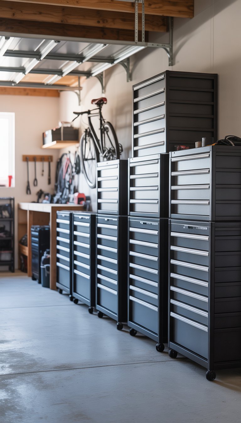 A clean and organized garage with stackable drawer units neatly arranged against the wall, tools hanging, and a bicycle mounted on the wall.