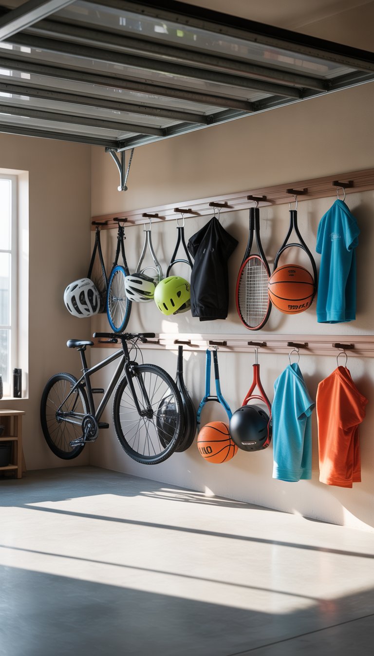 A clean garage with sports equipment like bicycles and helmets neatly hung on wall hooks.