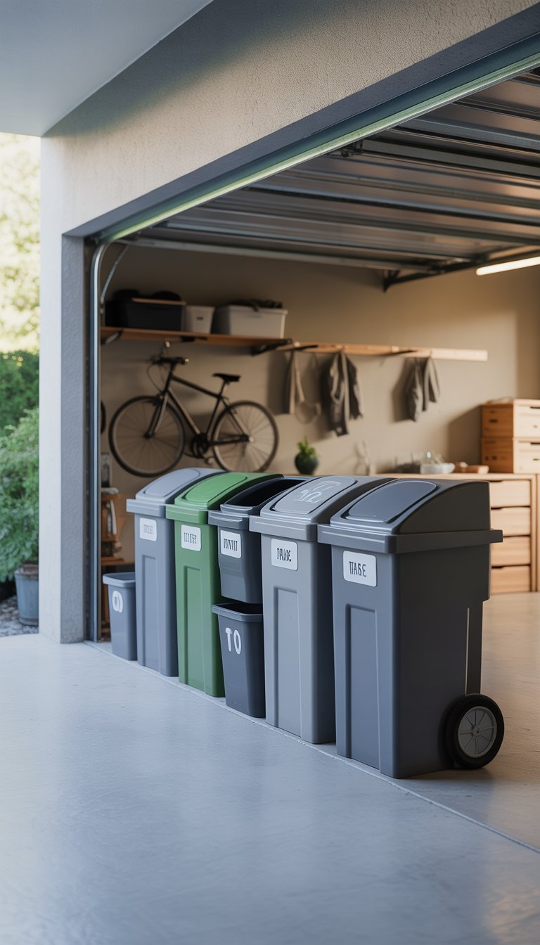 A clean and organized garage corner with neatly arranged recycling and trash bins on a simple shelving unit, surrounded by minimal items and a bicycle hanging on the wall.