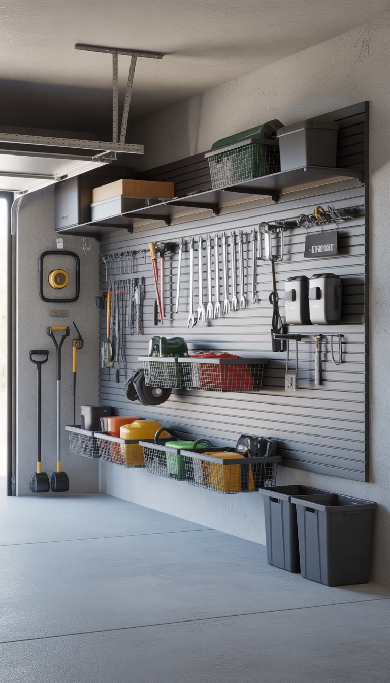 A clean and organized garage with a mounted slatwall panel system holding various tools and storage containers.